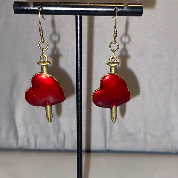 Handmade Red Heart Dagger Earrings - Picture 2 of 4